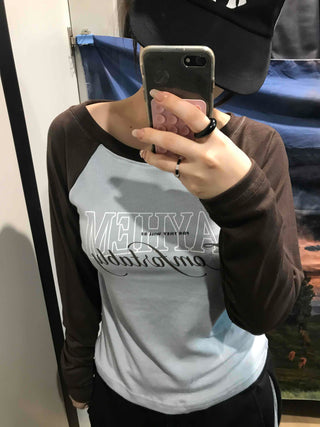 Lettering Raglan Color Block Round Long Sleeve T-shirt