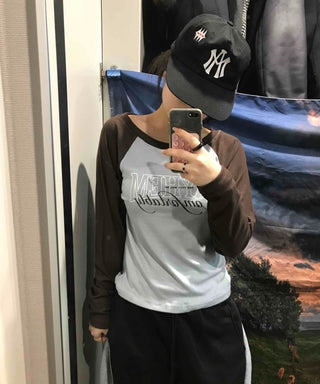 Lettering Raglan Color Block Round Long Sleeve T-shirt