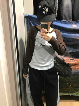 Lettering Raglan Color Block Round Long Sleeve T-shirt