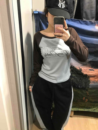 Lettering Raglan Color Block Round Long Sleeve T-shirt