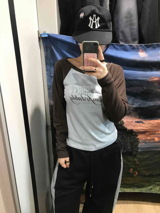 Lettering Raglan Color Block Round Long Sleeve T-shirt