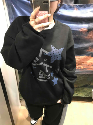 Star Graphic Loose Fit Fleece-Lined Sweatshirt