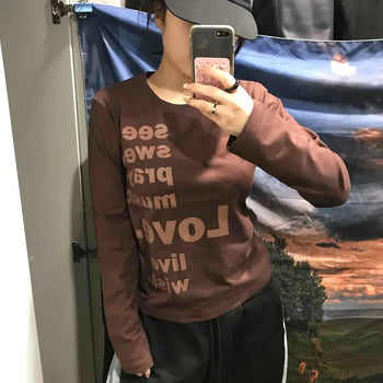 Two-tone Lettering Loose Fit Round Neck Long Sleeve Tee