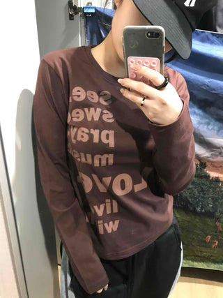 Two-tone Lettering Loose Fit Round Neck Long Sleeve Tee
