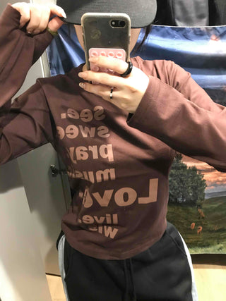 Two-tone Lettering Loose Fit Round Neck Long Sleeve Tee