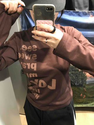 Two-tone Lettering Loose Fit Round Neck Long Sleeve Tee