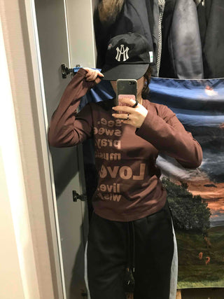 Two-tone Lettering Loose Fit Round Neck Long Sleeve Tee