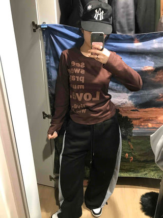 Two-tone Lettering Loose Fit Round Neck Long Sleeve Tee