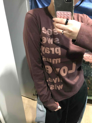 Two-tone Lettering Loose Fit Round Neck Long Sleeve Tee