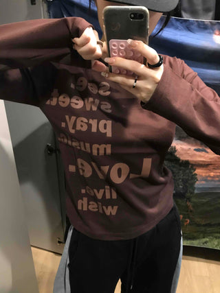 Two-tone Lettering Loose Fit Round Neck Long Sleeve Tee