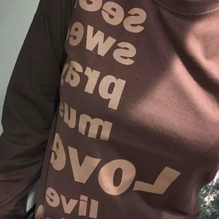 Two-tone Lettering Loose Fit Round Neck Long Sleeve Tee
