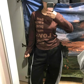 Two-tone Lettering Loose Fit Round Neck Long Sleeve Tee