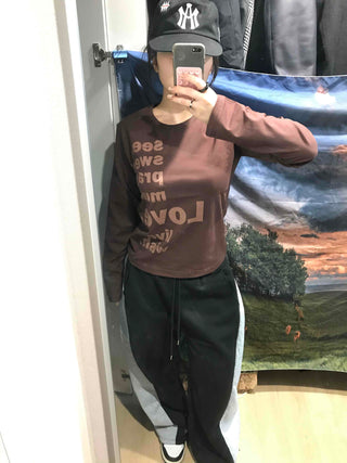 Two-tone Lettering Loose Fit Round Neck Long Sleeve Tee