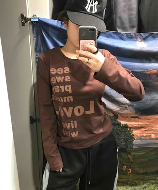 Two-tone Lettering Loose Fit Round Neck Long Sleeve Tee