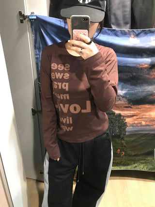 Two-tone Lettering Loose Fit Round Neck Long Sleeve Tee