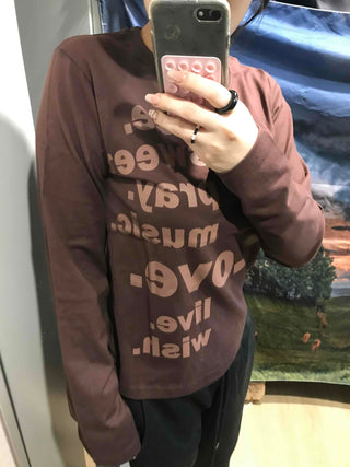 Two-tone Lettering Loose Fit Round Neck Long Sleeve Tee