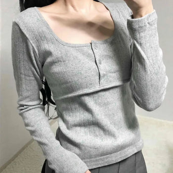 Daily Square Neck Slim Fit Ribbed Long Sleeve Tee