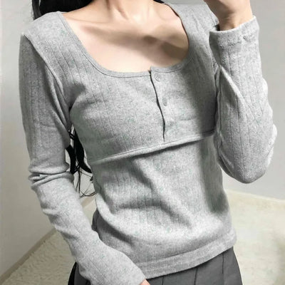 Daily Square Neck Slim Fit Ribbed Long Sleeve Tee