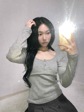 Daily Square Neck Slim Fit Ribbed Long Sleeve Tee