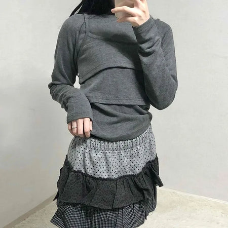 Mixed Fabric Tiered Frill Mini Skirt