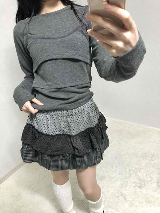 Mixed Fabric Tiered Frill Mini Skirt