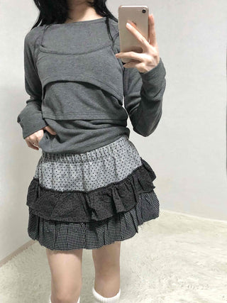 Mixed Fabric Tiered Frill Mini Skirt