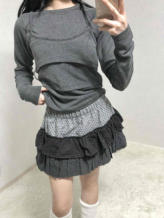Mixed Fabric Tiered Frill Mini Skirt