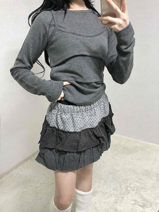 Mixed Fabric Tiered Frill Mini Skirt
