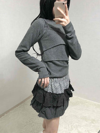 Mixed Fabric Tiered Frill Mini Skirt