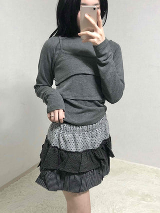 Mixed Fabric Tiered Frill Mini Skirt