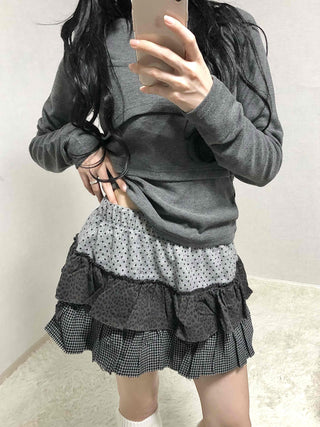 Mixed Fabric Tiered Frill Mini Skirt