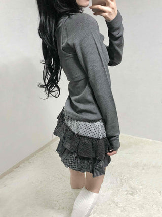 Mixed Fabric Tiered Frill Mini Skirt