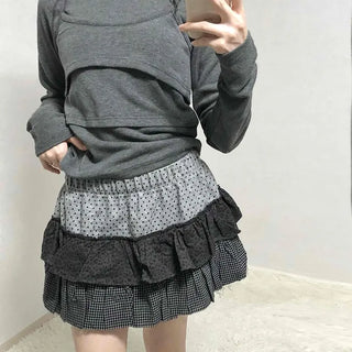 Mixed Fabric Tiered Frill Mini Skirt