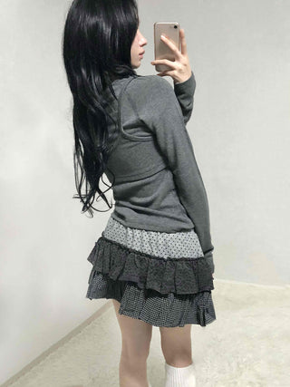 Mixed Fabric Tiered Frill Mini Skirt