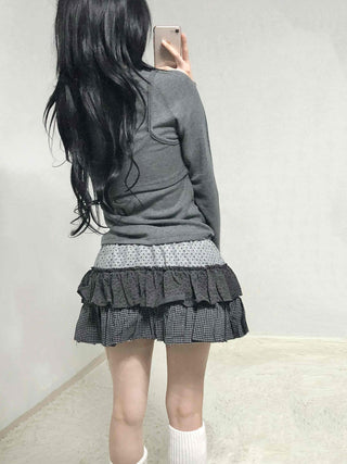 Mixed Fabric Tiered Frill Mini Skirt
