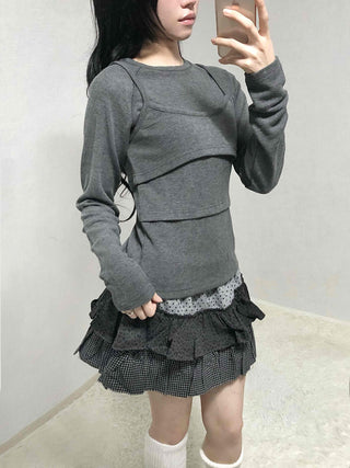Mixed Fabric Tiered Frill Mini Skirt