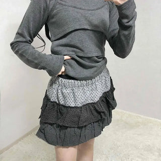 Mixed Fabric Tiered Frill Mini Skirt