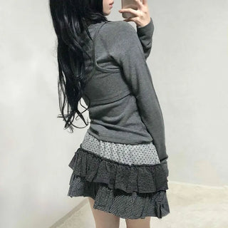 Mixed Fabric Tiered Frill Mini Skirt