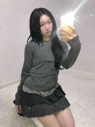 Mixed Fabric Tiered Frill Mini Skirt