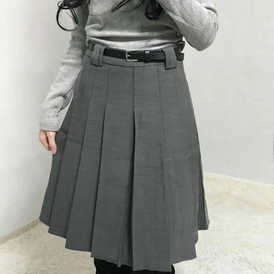 Classic High-Waisted Belted Pleated Skirt