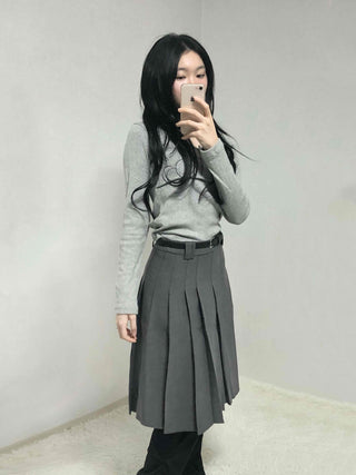 Classic High-Waisted Belted Pleated Skirt