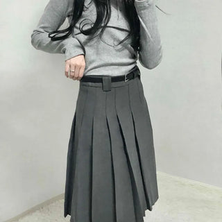 Classic High-Waisted Belted Pleated Skirt