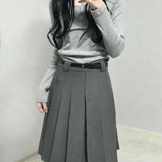 Classic High-Waisted Belted Pleated Skirt