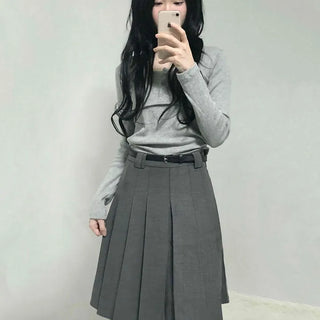 Classic High-Waisted Belted Pleated Skirt