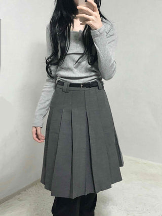 Classic High-Waisted Belted Pleated Skirt