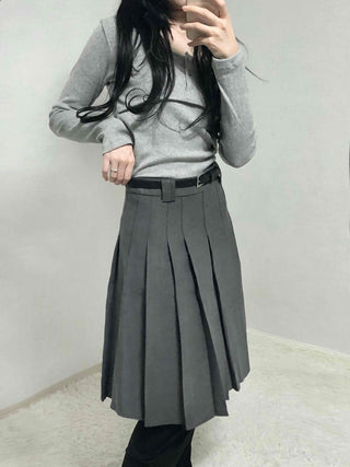 Classic High-Waisted Belted Pleated Skirt