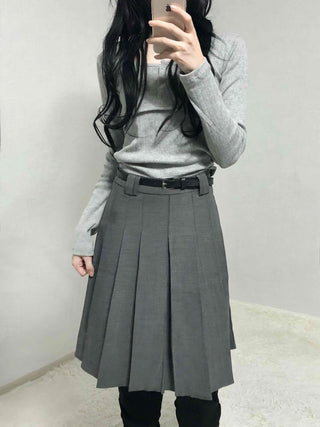 Classic High-Waisted Belted Pleated Skirt
