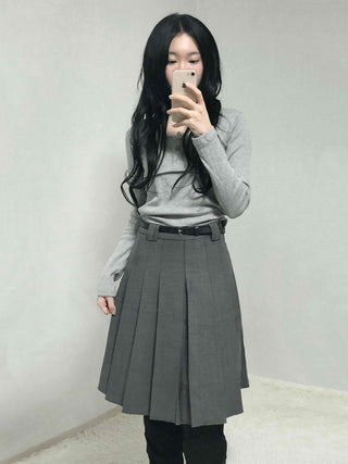 Classic High-Waisted Belted Pleated Skirt