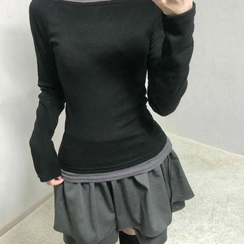 Color Block Boat Neck Slim Fit Long Sleeve T-shirt