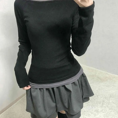 Color Block Boat Neck Slim Fit Long Sleeve T-shirt